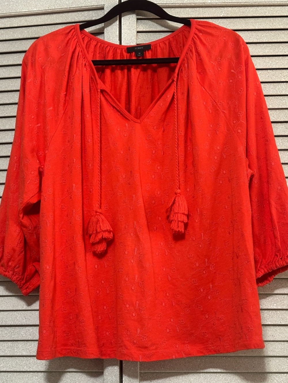 J. Crew Coral-Red Embroidered Tie-Neck Peasant Blouse M